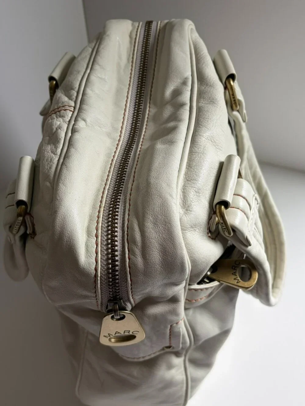 Marc by Marc Jacobs Cream Leather Turnlock Bag Antique Brass Y2K